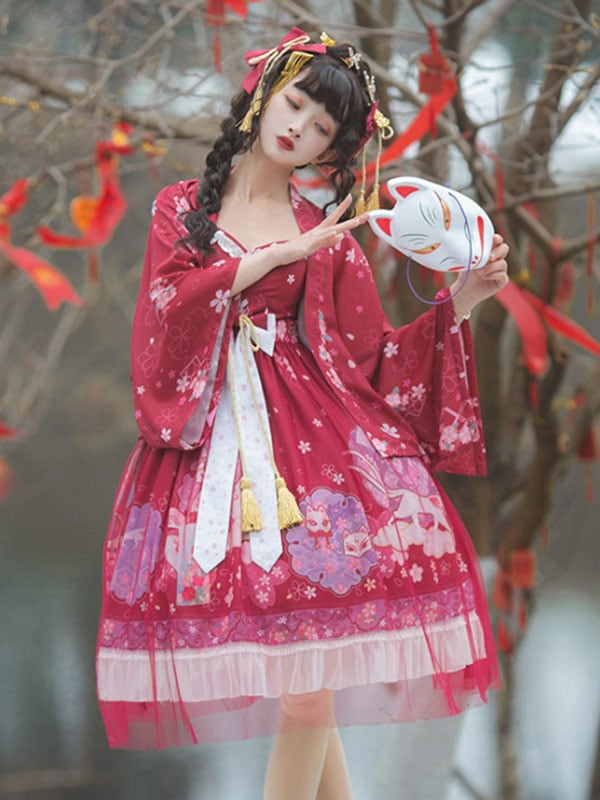 【全店任意2枚購入で100円OFF】中国ロリータJSKドレスNeverland Burgundyノースリーブ花柄プリントパターンフリンジスイートロリータジャンパー 15,399円