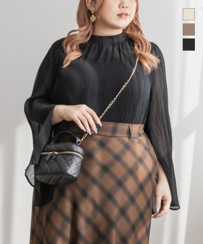 大きいサイズ レディース LL 3L 4L XL XXL XXXL CLETTEオリジナルシアー楊柳袖スリットブラウス