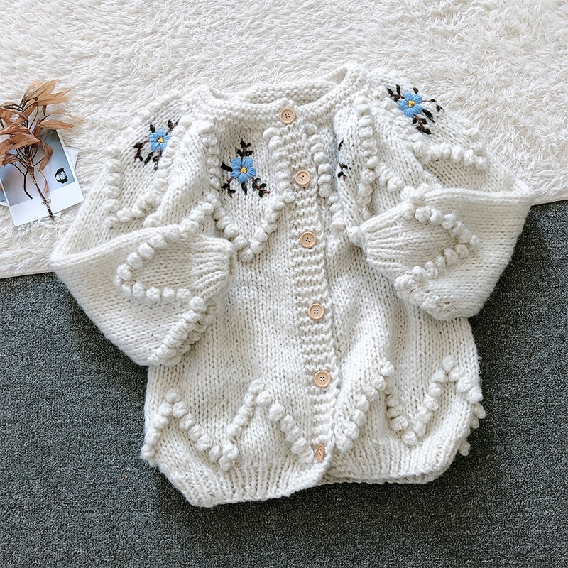 韓国風秋冬厚手ウールニットカーディガン刺繍入りブルーフラワー刺繍長袖厚手コートラウンドネックレディース