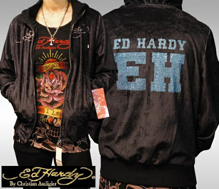 セール エドハーディー レディース ベロア パーカー 200種類の品揃え Ed Hardy EH ラインストーン ブラック エドハーディー 正規品 LAセレブ ファッション 雑誌 掲載 ブラ