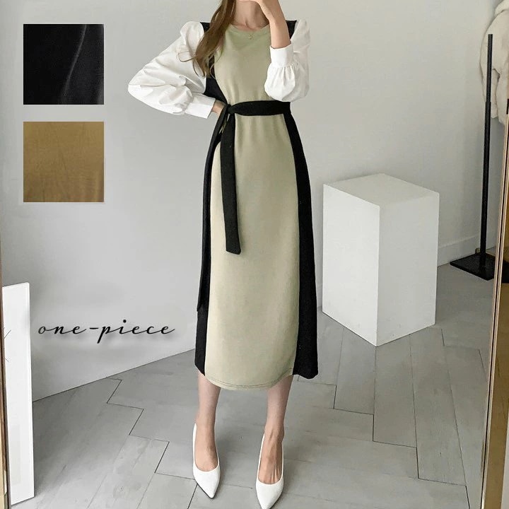 ワンピース セーター ニットワンピ セーターワンピ 重ね着風 レディース ベルト付き ロング丈 長袖 ボートネック 秋冬バレンタイン 2025 プレゼント