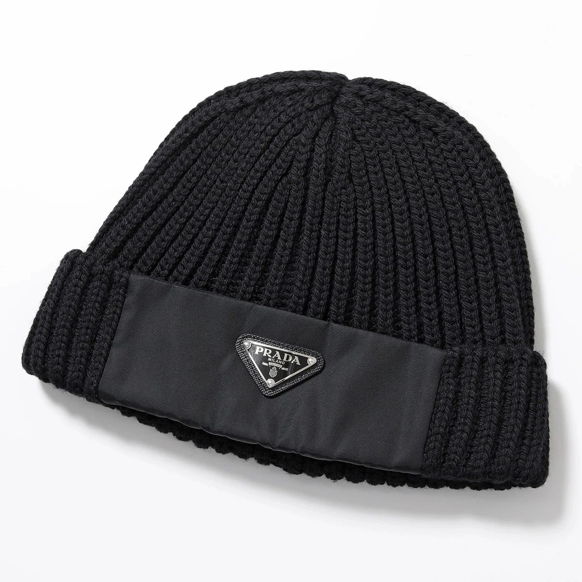 PRADA プラダ ニット帽 UMD446 1WTO メンズ Re-Nylon ギャバジン×ウール トライアングルロゴ ビーニー ニットキャップ 帽子 F0002/NERO