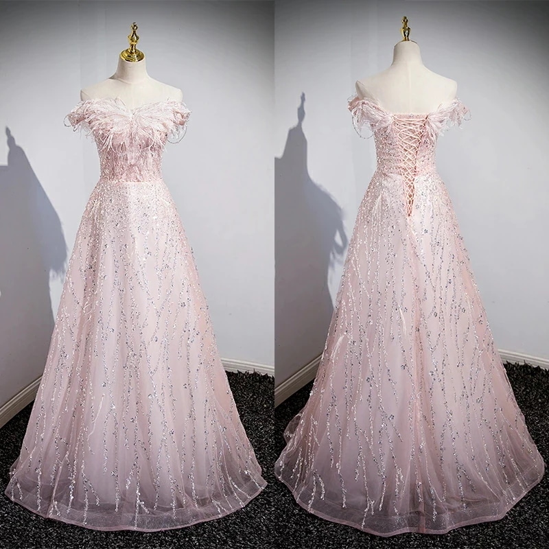 カラードレス ロングドレス パーティードレス 羽根 ピンク スパンコール パール キラキラ オフショルダー ウェディングドレス ウエディングドレス 結婚式 二次会 花嫁 前撮り 演奏会 発表会 カクテ
