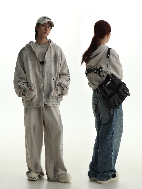 秋の新作パッチグラフィティダーティーフィットダブルバージョンヘビージッパーカーディガンジャケットメンズ