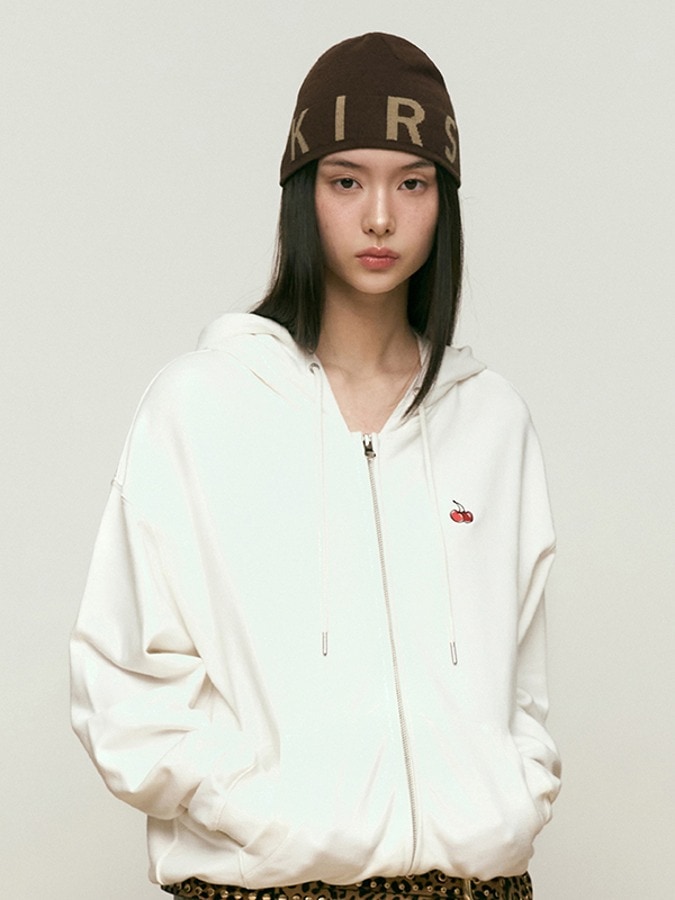 SMALL CHERRY REGULAR FIT HOODIE ZIP UP [IVORY]