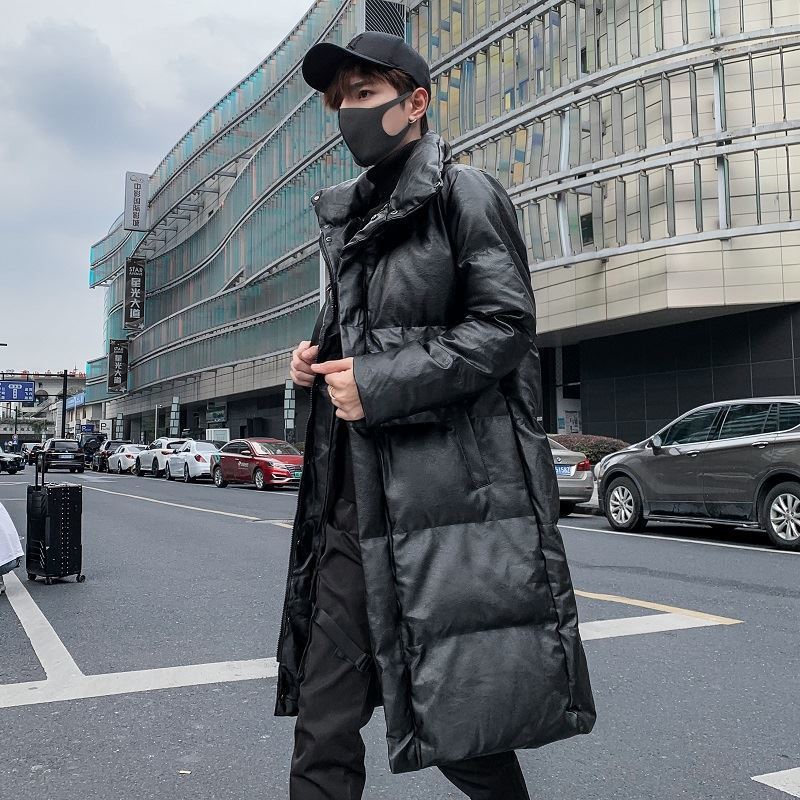 2025INS メンズ 厚手 保温 スタンドカラー ロング丈 中綿ジャケット ファッション PU ブラック ダウンコート