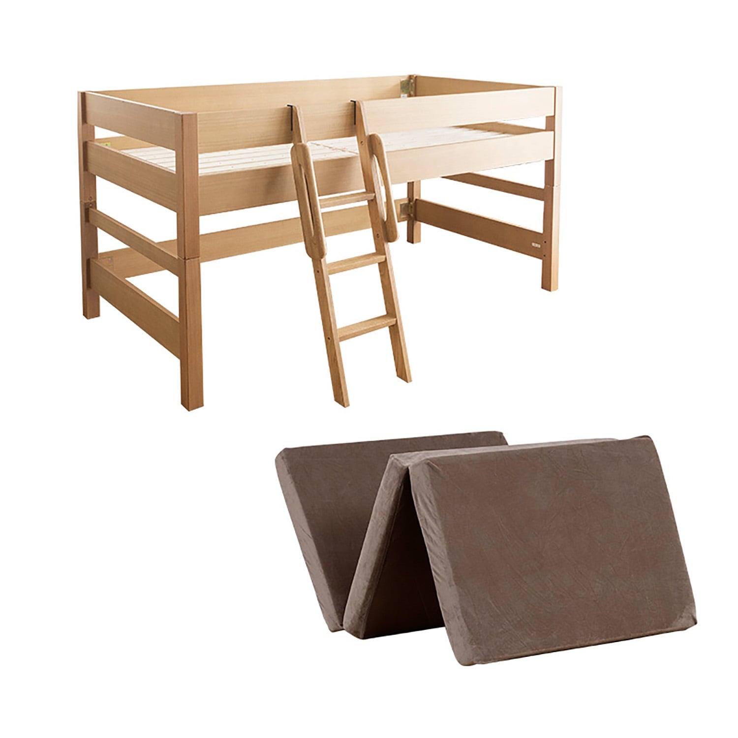 ベッド 木製ミドルベッド 天然木を贅沢に使用 システム家具 すのこベッド ウレタンマットレス付き