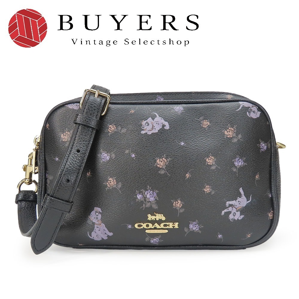 中古 ショルダーバッグ 91126 ディズニー 101匹わんちゃん レザー ブラック ゴールド金具 斜め掛け ディズニーコラボ ダルメシアン 花柄 レディース 女性