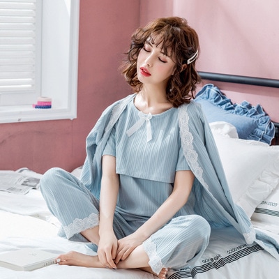 【送料無料】マタニティ パジャマ ガウン付き 半袖トップス 3点セット セットアップ