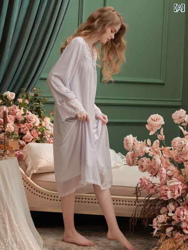 ネグリジェ パジャマ レディース 長袖 レース シフォンワンピース ドレス 上品 透け感 シンプル フレンチ ルーム ナイト ホームウェア