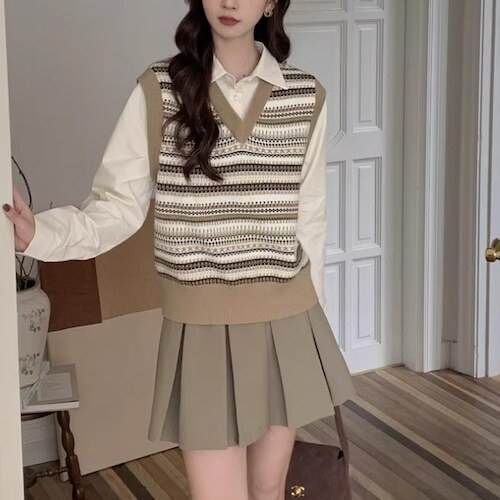 トップス レディース ドッキングニットベストシャツブラウス プルオーバー 長袖 襟付き 切り替えデザイン Vネック ボタン 襟付き 重ね着風 レイヤード風 大人可愛い きれいめ 大人 上品 おしゃれ