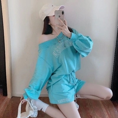 セットアップ セットアップ プルオーバー トレーナー ショートパンツ ショート ショート丈 袖あり 長袖 オフショルダー オフショル ウエストリボン ハイウエスト 上下セット 2点セット ツーピース