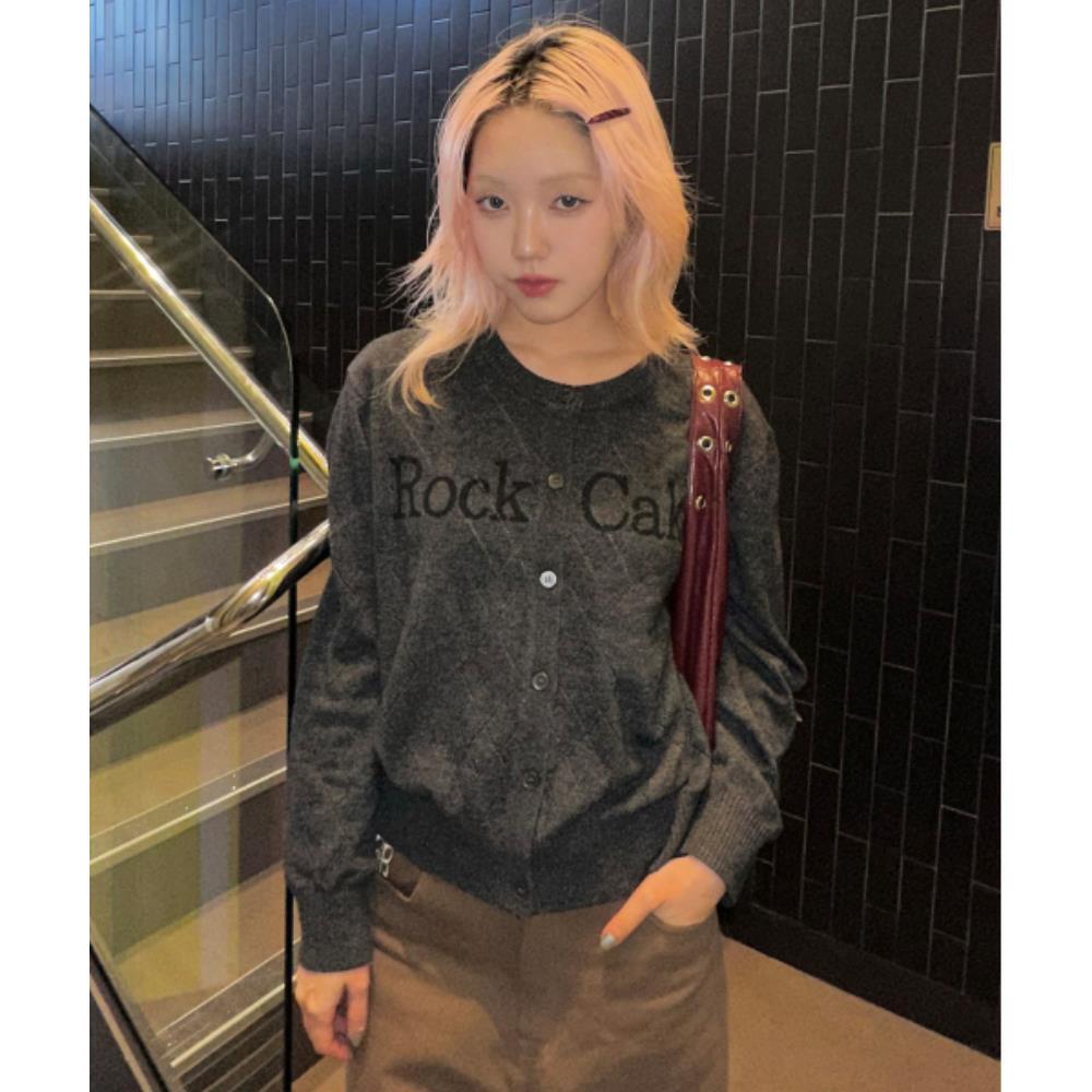 ROCKCAKE Argyle Punching Knit Cardigan Charcoal RC25KN0