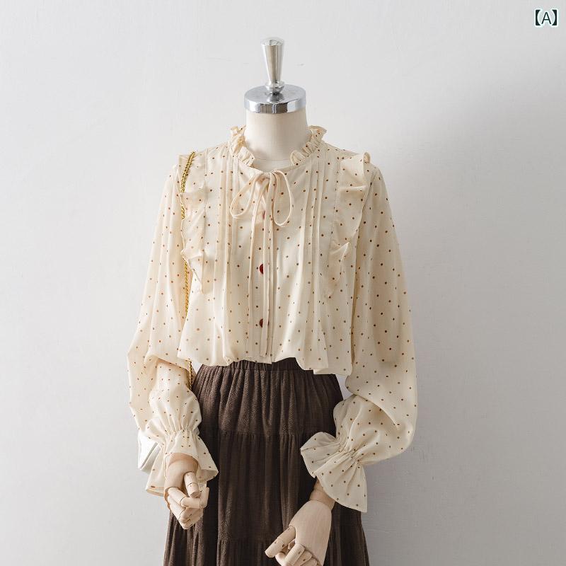 レディース シャツ シフォンブラウス 長袖 春秋 フリル立ち襟 アイボリーにドット柄 フリル ベルスリープ ループリボン結び ヴィンテージ感 フレンチ クラシック フェミニンデザイン 優雅 シンプル