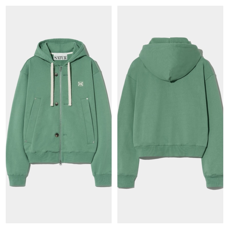 【SATUR】 (W) TEO COTTON ALL DAY HOOD ZIP-UP : SAGE GREEN