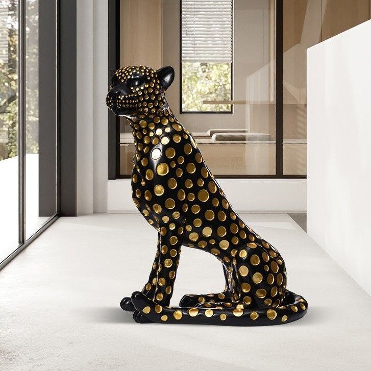 ヒョウ 左向き 置物 動物 オブジェ 彫刻 装飾品 おしゃれ 豪華 玄関 豹 黒 金 黄色 白 ブラック ゴールド イエロー ホワイト 工芸品 輸入雑貨 金運上昇