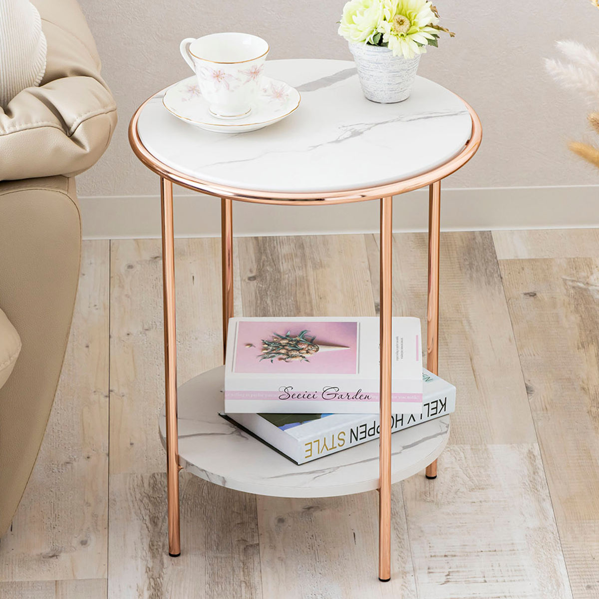 サイドテーブル 円型 直径38cm 高さ48cm ナイトテーブル ミニテーブル ソファ ベッド 横 大理石柄 丸 ラウンド ピンクゴールド メッキ 脚 フェミニン エレガント 高級感
