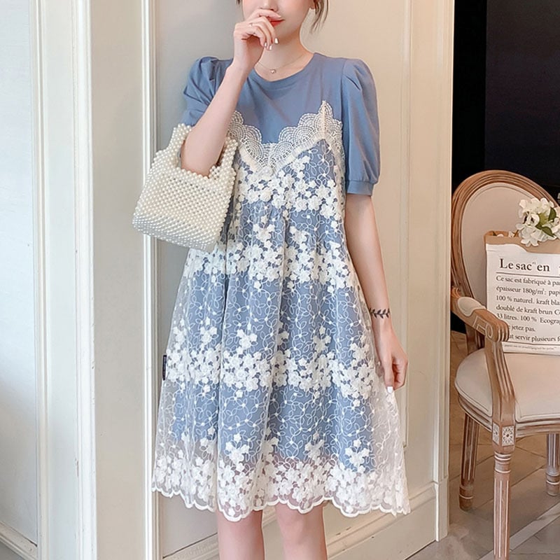 フラワーレース重ね ビスチェレイヤード風 裾スカラップカット ワンピース チュニック ひざ丈 膝上