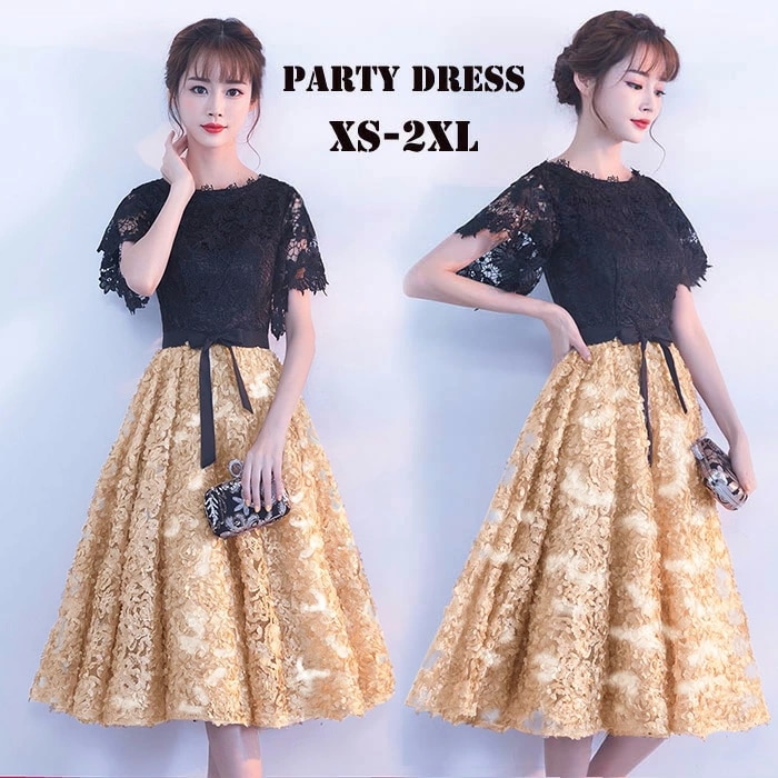 初回限定カクテルドレス ミディアム丈 パーティードレス 大きいサイズ 演奏会 袖付 膝丈 ドッキングカラー ファスナー 花レース Aライン リボン付 お呼ばれ 結婚式 母親 ドレス ピアノ 発表会 大 5,463円