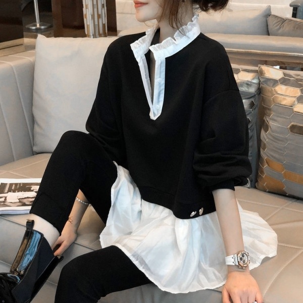 【おしゃれ度アップ】 大人可愛い フリル飾り レイヤード / 重ね着風 切り替え ファッション 長袖 パーカー レディース