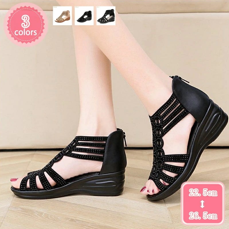 500円OFFクーポン ウェッジソールサンダル キラキラ レディース 牛革 グラディエーターサンダル バックジッパー 厚底サンダル 黒 ラインストーン 敬老の日 母の日 ローヒール サンダル 歩きやす