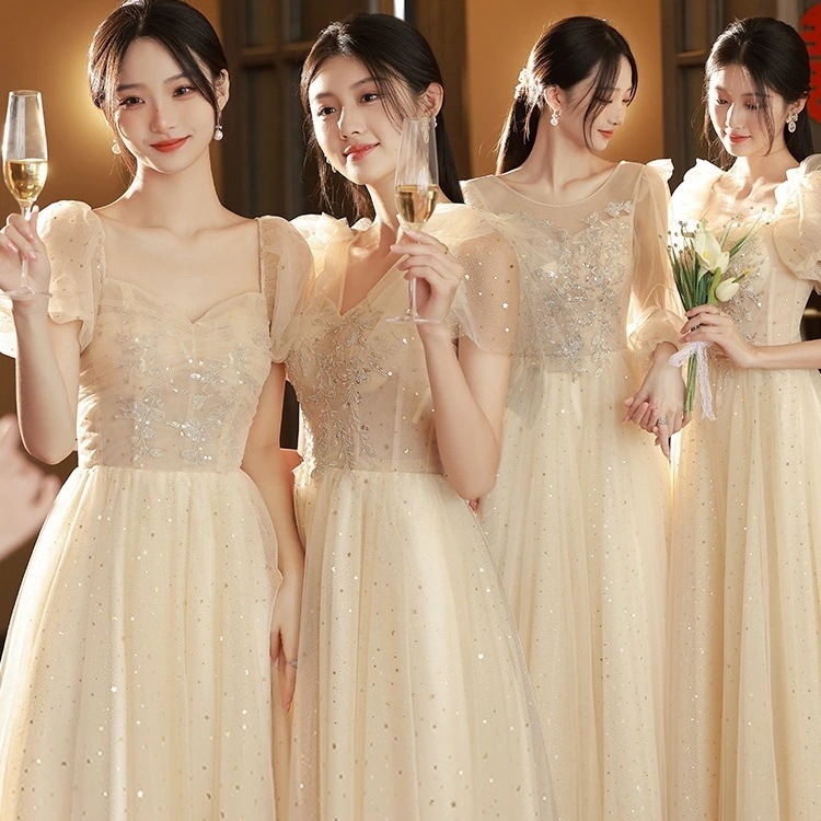 韓国ファッションスパンコールワンピースロングワンピースシルバーセミロングドレスウェディングドレスレディースブライズメイドドレスパーティー結婚式ドレスお呼ばれ