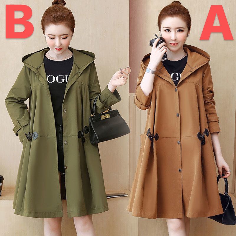 レディース ロングコート 春秋 ゆったり 大きいサイズ フード付き パーカー 無地 可愛い (2色XL-5XL)