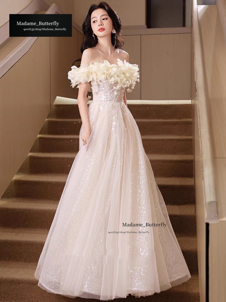 パーティードレス 二次会用 ウェディングドレス ミディアム丈 Aラインワンピース 演奏会 エレガンス ロングドレス 成人式 姫系 発表会/撮影用/お嫁さん/披露宴/花嫁 たくさんの花が咲き ボ