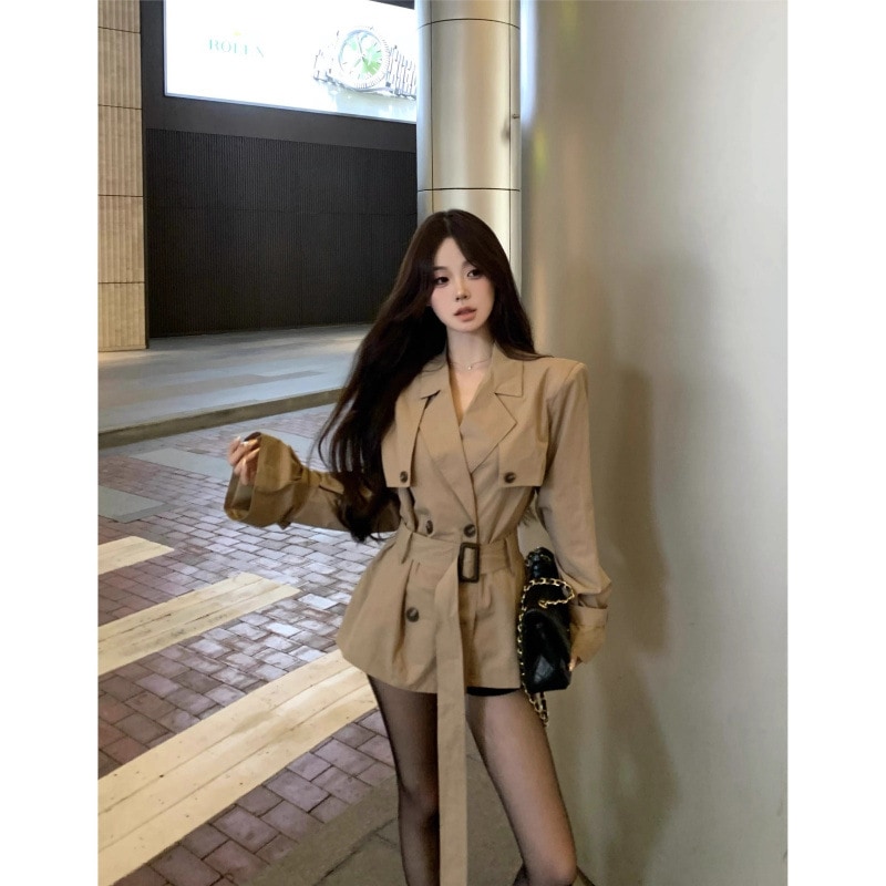 カーキ トレンチコート レディース 2025 秋新作 長袖 スリムウエスト ダブルブレスト ミドル丈 アウター トップス