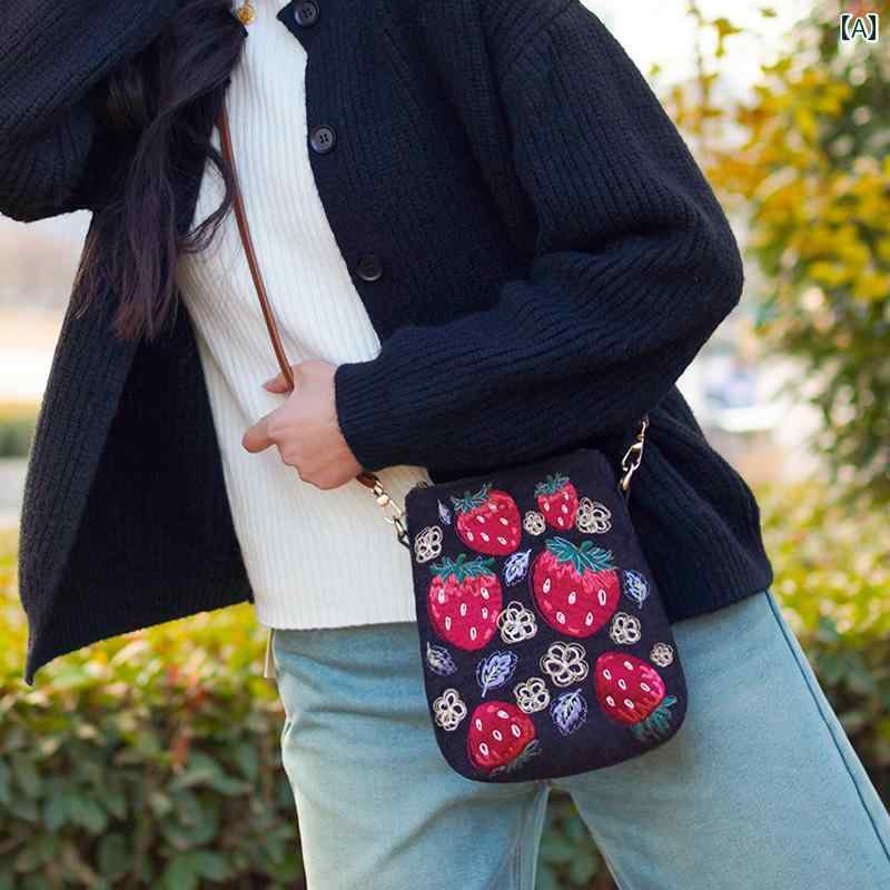 レディース　バッグ　カジュアル イラスト 刺繍 カジュアル スマートフォン バッグ 女性 クロス ボディバッグ ミニ 高級 レディース 冬 ウォーキング