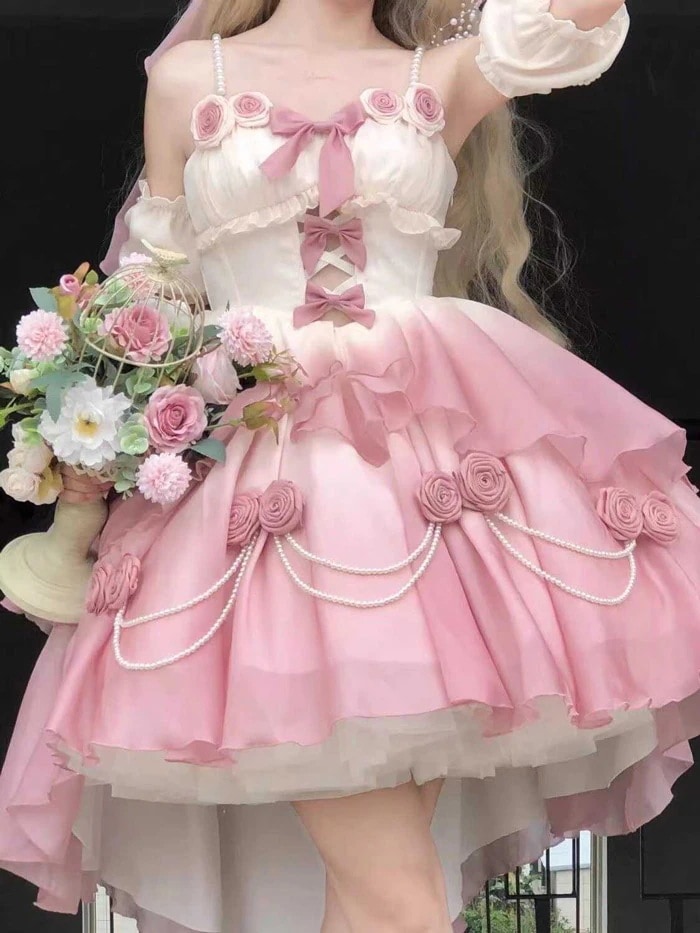 ワンピース 可愛い プリンセスドレス お姫様 グラデーションピンク ロリータ服 リボン 可愛い アイドル衣装 コスム コスプレ衣装 文化祭 学園祭 かわいい 萌え