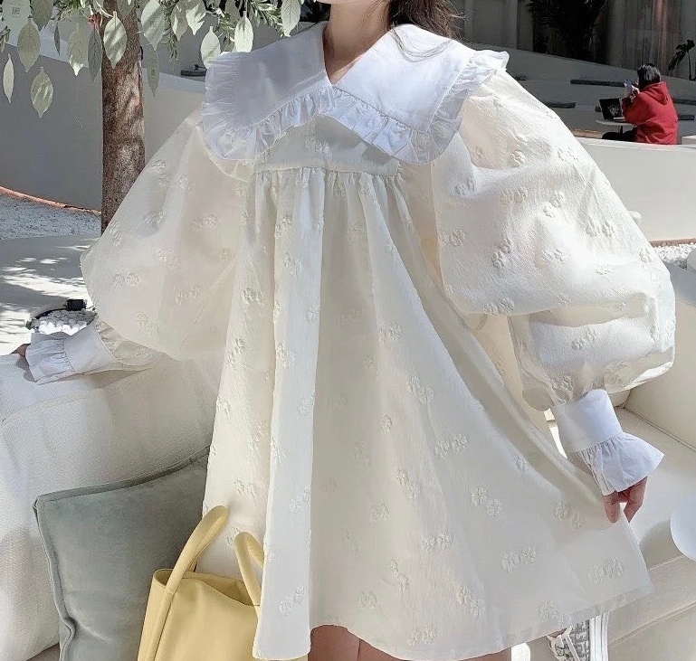 ワンピース ジャガード ミニ パフスリーブ 大きい サイズ 女性 春 秋 新しい ランタンスリーブ 5,280円