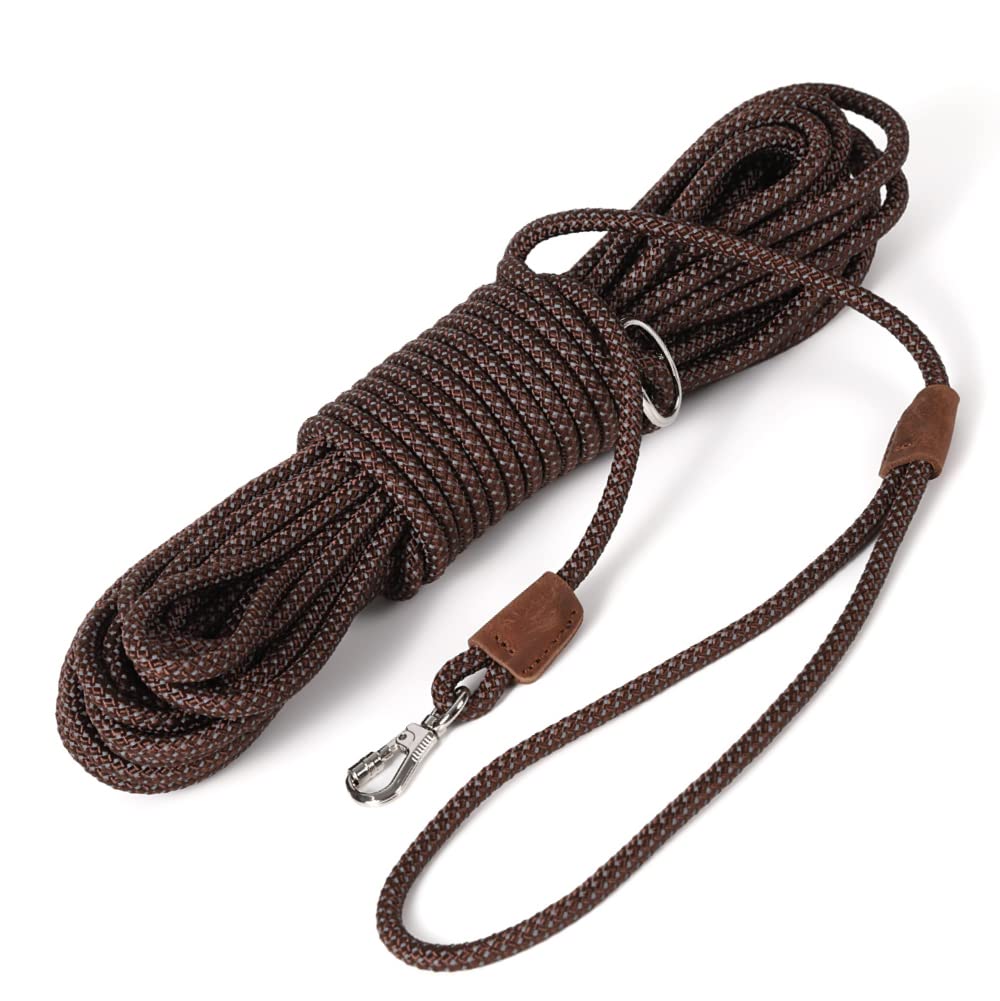 小型犬用 ロングリード 15m ブラウン 丸ロープ 肩掛け 軽量 絡まりにくい 伸縮性 トレーニングリード しつけ 長いリード long leash may&tail