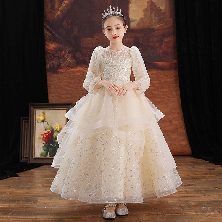 ピアノ発表会ドレス ロング 子供ドレス シャンパン色 スパンコール キラキラ キレイめ 演奏会ドレス 女児ドレス レース ロング丈 ショート丈 4タイプ 女の子ドレス 白 ホワイト フリル 可愛い キ
