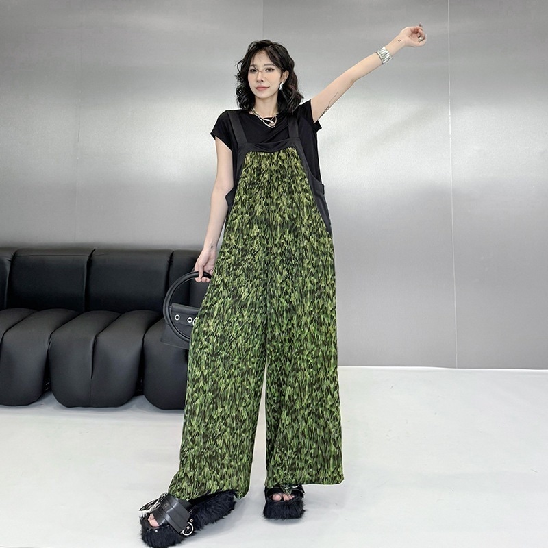 【J.Fashion】 サロペット アーミーグリーン ワイドパンツ 夏 レディース オールインワン