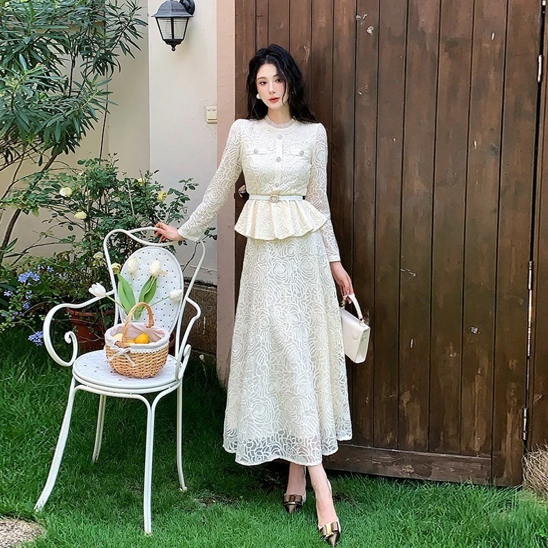 レースツーセットワンピース（ロングスリーブ） 入学式 卒業式 結婚式 演奏会 パーーティー お呼ばれドレス