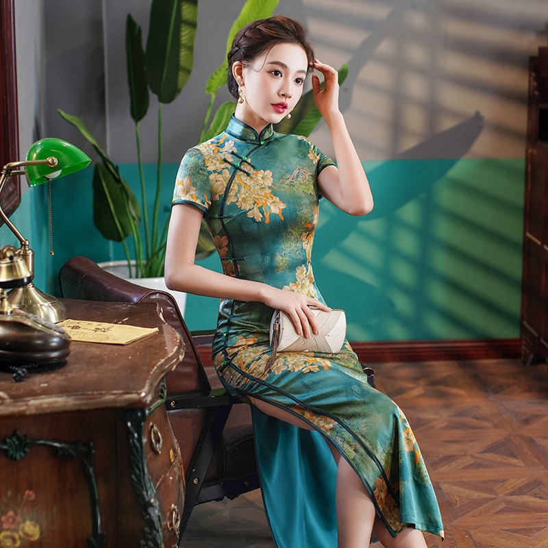 シルクチョンサムマルベリーシルクレトロ夏の長い女性の毎日の若々しい気質の改善2025