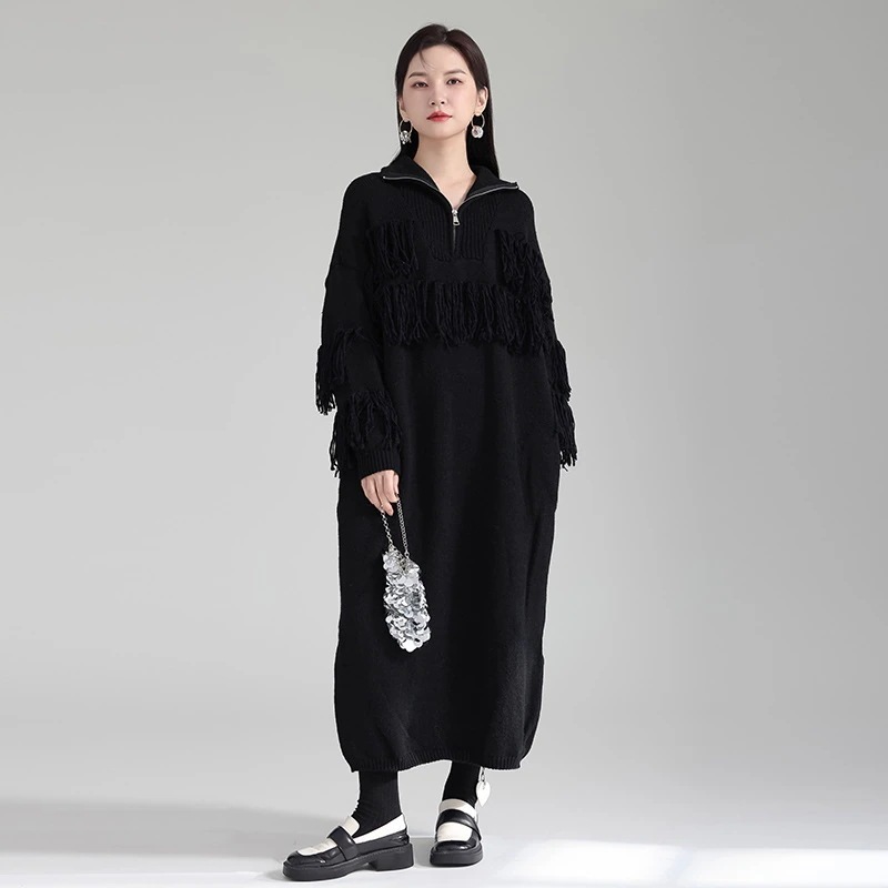 秋冬 ハイウエスト ドッキング ワンピース ニットワンピース 大きいサイズ 体型カバー 長袖 ロングワンピース