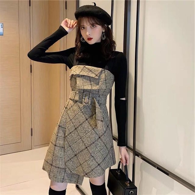 【送料無料】レディース ハイネックトップス＋フレンチレトロワンピース レトロ ツーピース