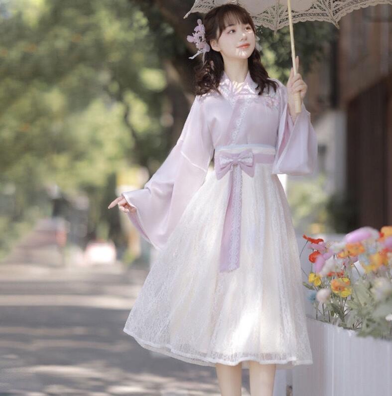 ロリータワンピース 膝丈 ロリータ服 リボン付き フレア袖 漢服 中華風ドレス 改良版漢服 レースドレス レディース ハロウィン コスプレ衣装 漢元素 ドレス 古風 コスチューム 学園祭 文化祭 イベ