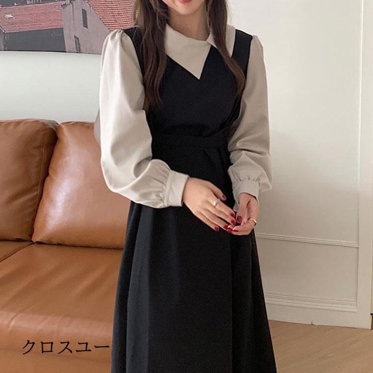 冬 ロングワンピース フェイクセット 切り替え 襟付き 長袖ワンピース 重ね着風 通勤 キレイめ パススリーブ ロング ミモレ 秋 春 20代 重ね着