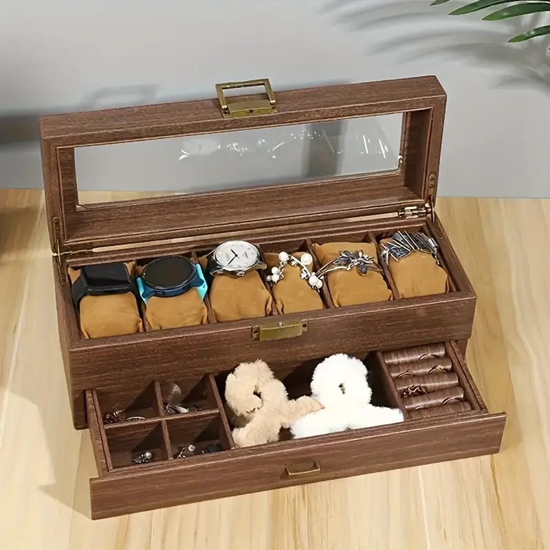 ジュエリーケース 引き出し付き 腕時計の保管 腕時計収納ボックス 窓付き 展示 6スロット 木製 ブラウン 腕時計 ナチュラル お洒落 ウッド 木目 アンティーク調 インテリア 4-7