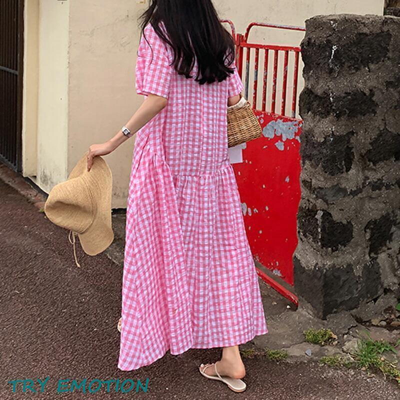 レディース ワンピース ギンガムチェック半袖ワンピース Free チェック柄 マキシ丈 半袖 ラウンドネック 綿 ポリエステル ガーリー カントリー ナチュラル
