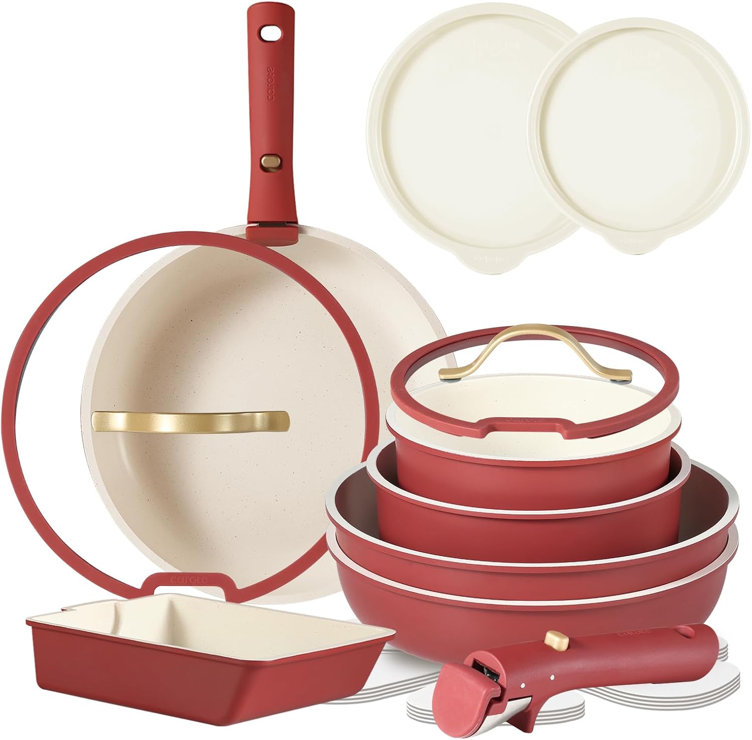 16点 鍋セット IH・ガス火対応 フリー 取っ手のとれる マーブルコート くっつきにくい 洗いやすい 高級感ありのつまみ 茜色