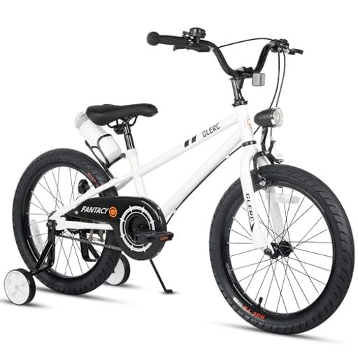 【GLERC】FANTASY子供用自転車 18インチ 5歳~10歳 男の子女の子自転車 小学生乗り練習街乗り自転車 前LEDライト 補助輪/キックスタンド/リアドリンクホルダー/水筒付き ホワイト白