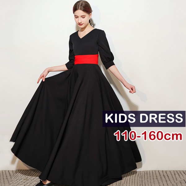 ピアノ発表会 ドレス 中学生 ワンピース ジュニアドレス 七五三 子供ドレス ロング丈 キッズドレス ピアノ 発表会 ワンピース ブラック Vネック 袖付き シンプル プリンセスドレス Aライン ブラ