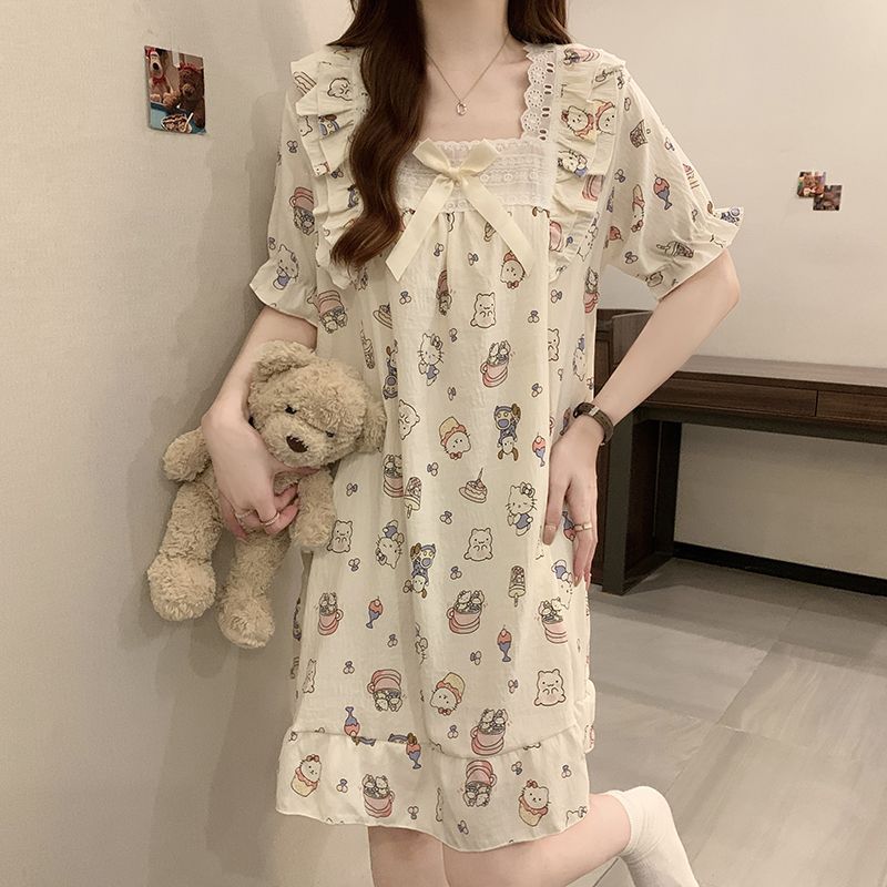 【極速出荷】キティ パジャマ レディース 可愛ワンピース韓国 新作 パジャマ サラサラ 生地が柔らかくて快適 部屋着半袖ロングスカート01