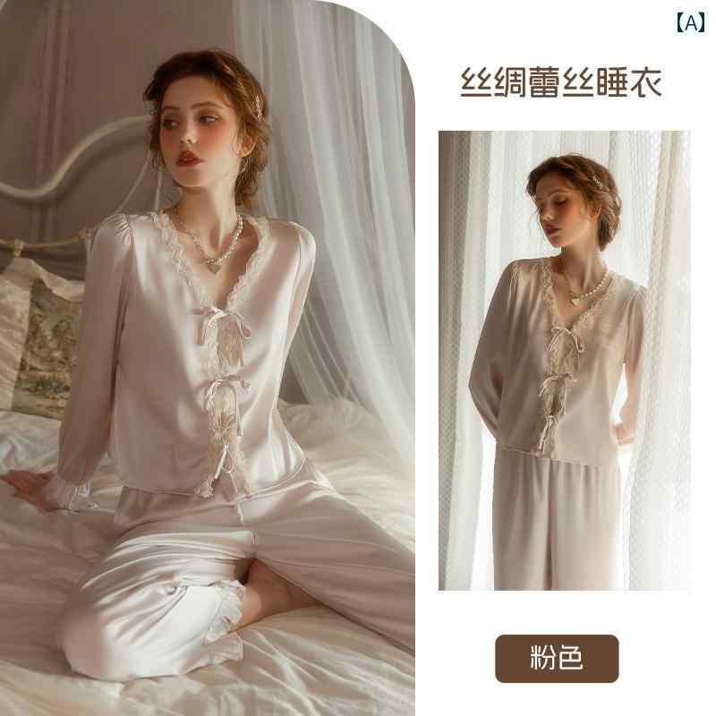 シルク　パジャマ　レディース 女性用 魅惑的 パジャマ 春秋 2025 宮殿 フランスの シルク 高級 冷感 長袖 ホーム 服 スーツ