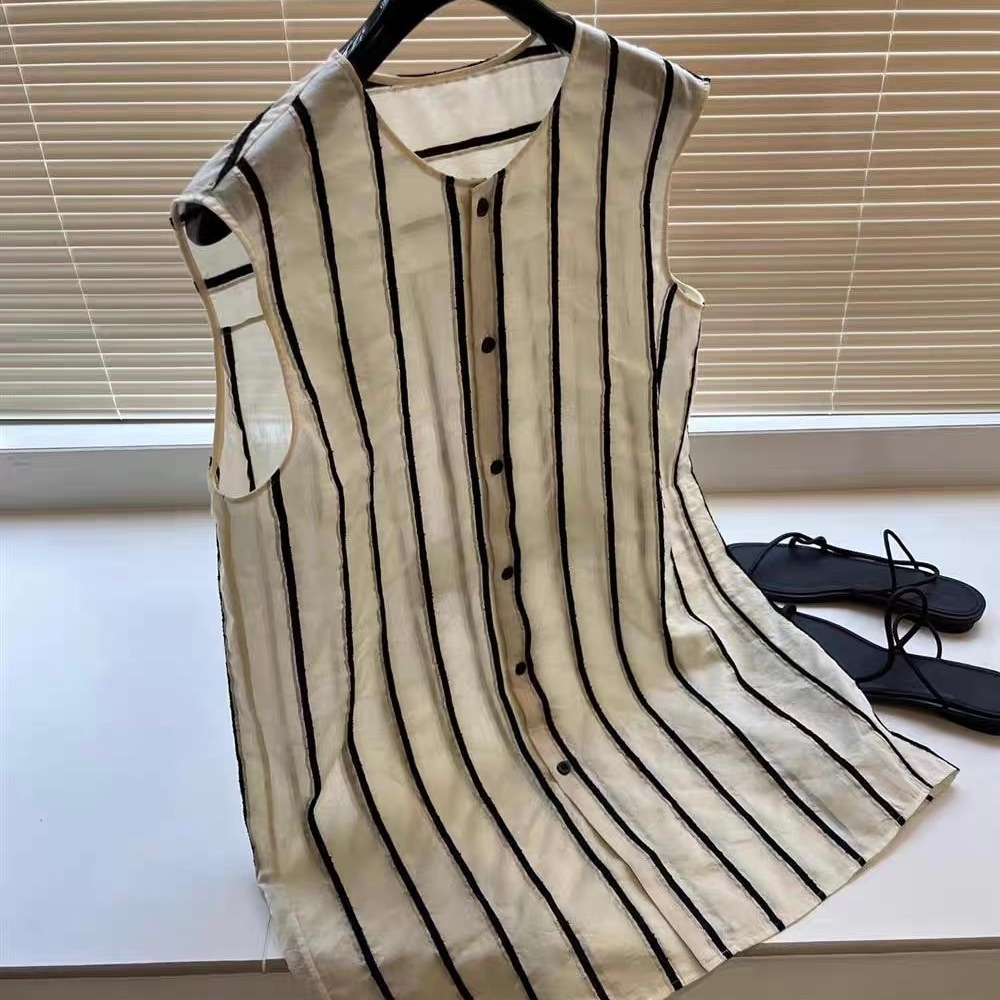 レディース トップス シャツ 前開き タンクトップ 袖なし ノースリーブ Uネック ラウンドネック リネン 麻 かわいい 大人可愛い きれいめ シンプル 上品 おしゃれ レトロ こなれ感 マニッシュ