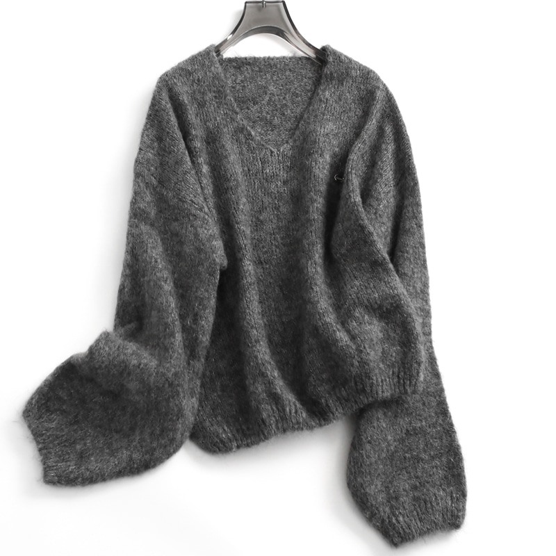 セーター ニット トップス Vネック ドロップショルダー パッチ バルーンスリーブ オーバーサイズ 長袖 大人可愛い お洒落 こなれ感